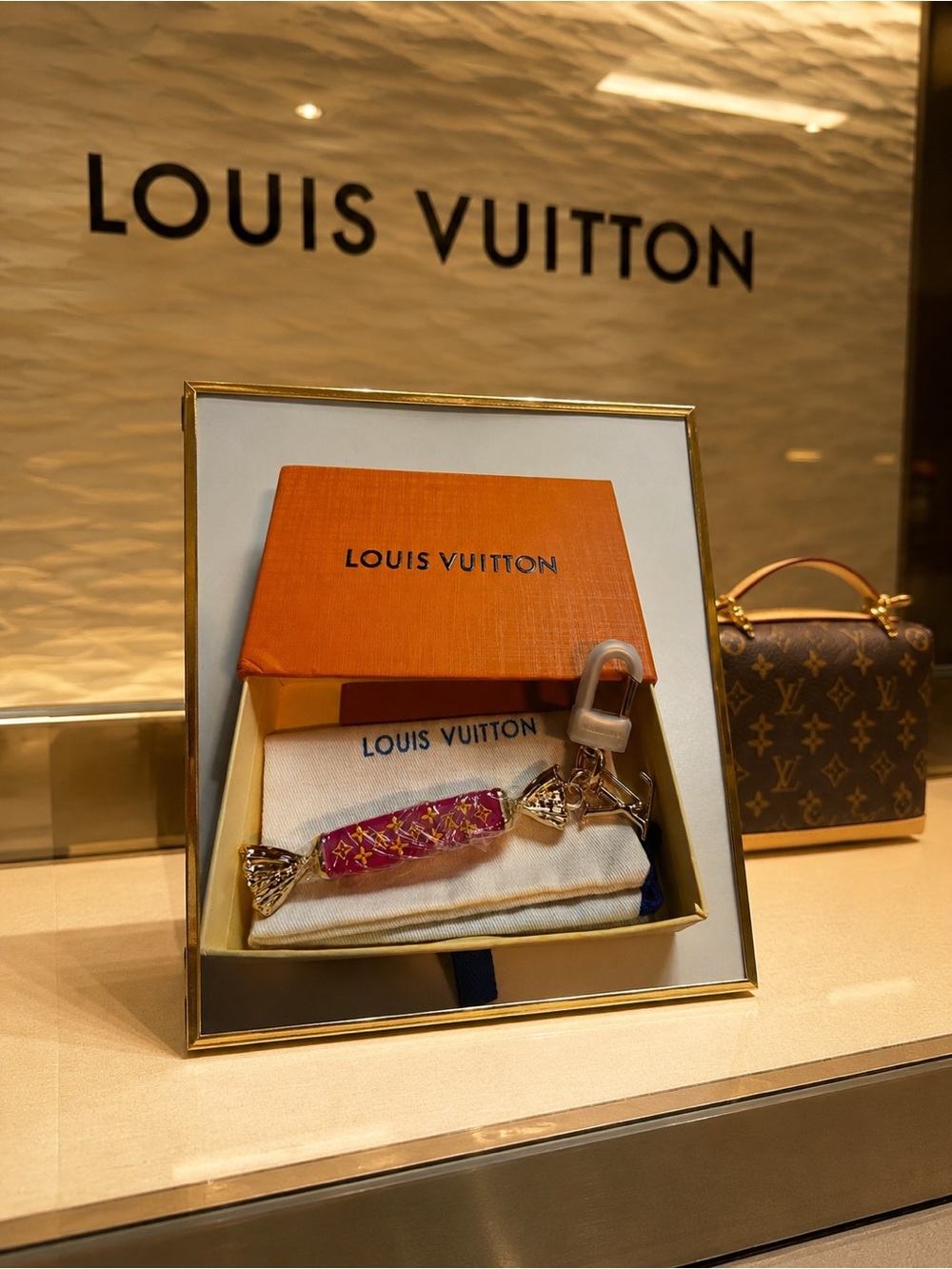 Luxury LV candy Full Inclusion Gold and Dark Pink Bag/ key Charm